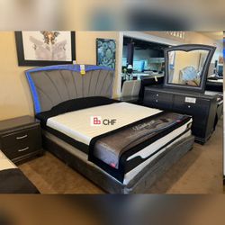 4 Pc Queen or king bedroom set (includes bed frame , dresser with mirror and one nightstand )