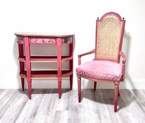 Refurbished Floral Decoupage Wooden console & Vintage Cane-Back Armchair with Upholstered Seat