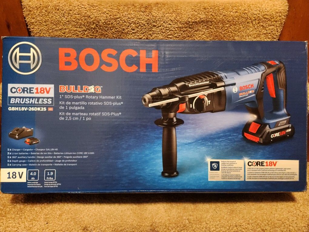 Bosch Bulldog Core18v-Amp 1-in SDS-Plus Variable Speed Cordless Rotary Hammer Drill (Charger and 2-Batteries Included) GBH18V-26DK25
Brand NEW!!