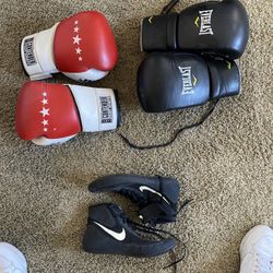 2 Pairs Of Boxing Gloves W/ Size 9.5 Boxing Shoes