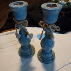2 Speckled Light Blue Painted Wooden Candle Holders
