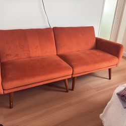 Mid-Century Modern Burnt Orange Velvet Sofa