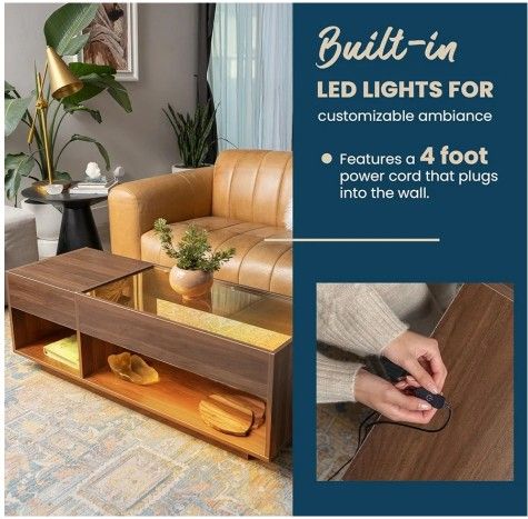 Coffee Table with LED Light and Power Outlet, Modern Glass Table Top with Storage Shelf, Center Table for Living Room with Drawer 
