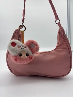 Pink Nylon Shoulder Bag with Plush Keychain y2k