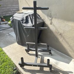 Heavy Duty Olympic Plate Tree Rack w/ Barbell Storage & Wheels Gym Storage