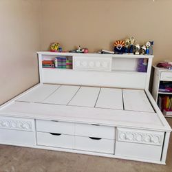 Full size, white, Bed with multiple storage and shelves 