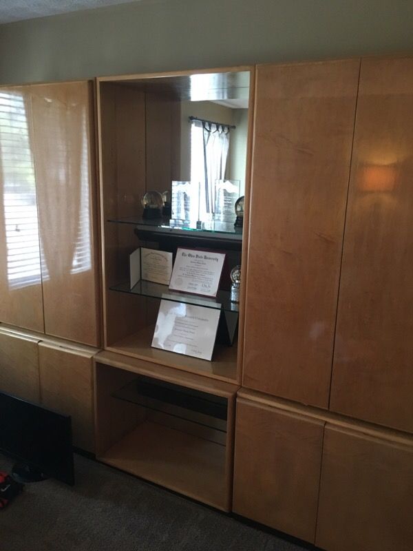 Large Custom Curly Maple Armoire with glass shelving, mirrored and backlighting