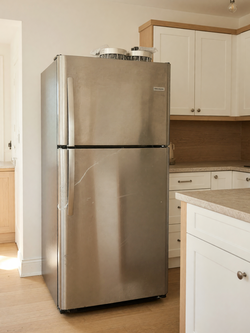 SWISS Frigidaire Full-Size Stainless Steel Top-Freezer Refrigerator in good condition