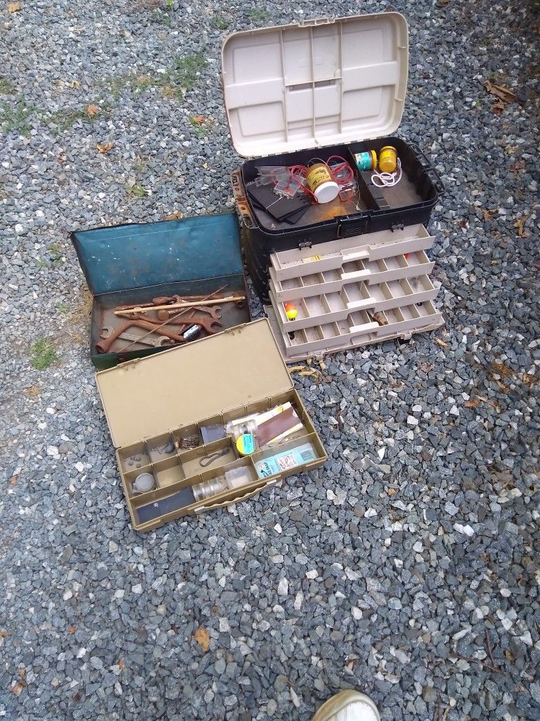 2 TACKLE BOXES. PLANO 4 DRAWER AN SMALL BOX. BOX With WRENCHES