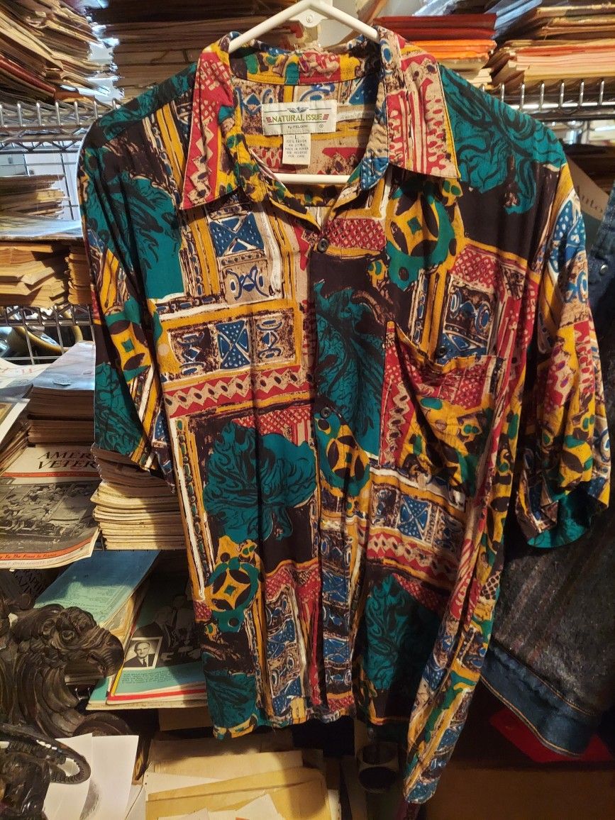 Vintage Feldini Natural Issue 1990s African Print Button Up Shirt