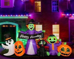 8ft Length Halloween Inflatable Witch, Ghost, Frankenstein Baby, Black Cat with Pumpkin