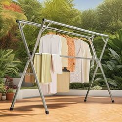 79 inches Clothes Drying Rack, Adjustable & Foldable Laundry Drying Rack Stainless Steel with 20 Hooks & 12 Clips 