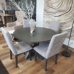 Modern 5-piece Round Dining Table Set with Cross-Buck Dining Table, Upholstered Chairs