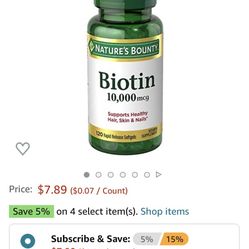 Nature's Bounty Biotin, Supports Healthy Hair, Skin and Nails, 10000 mcg, Rapid Release Softgels, 120 Ct