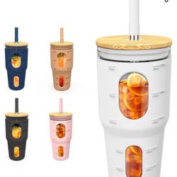 Vepudi tronco 36 oz Glass Tumbler with Straw and Lid with Marker and Measurement Scale,Reusable Iced Coffee Tumbler with Silicone Sleeve, Glass Boba S