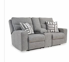 Signature DESIGN BY ASHLEY Biscoe 78 in. Solid Polyester 2-Seat Power Reclining Loveseat with USB Ports and Cup Holders in Gray