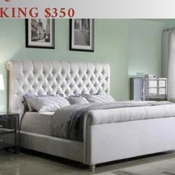 Beige King Size Bed - Modern Style Beige Tufted Fabric - Mattresses Sold Separately
