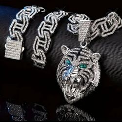 2-Pcs Fully Iced 14K White Gold-Plated Cubic Zirconia Green Eye Roaring 3D Tiger Pendant With 22" H Shape Cuban Chain Necklace 