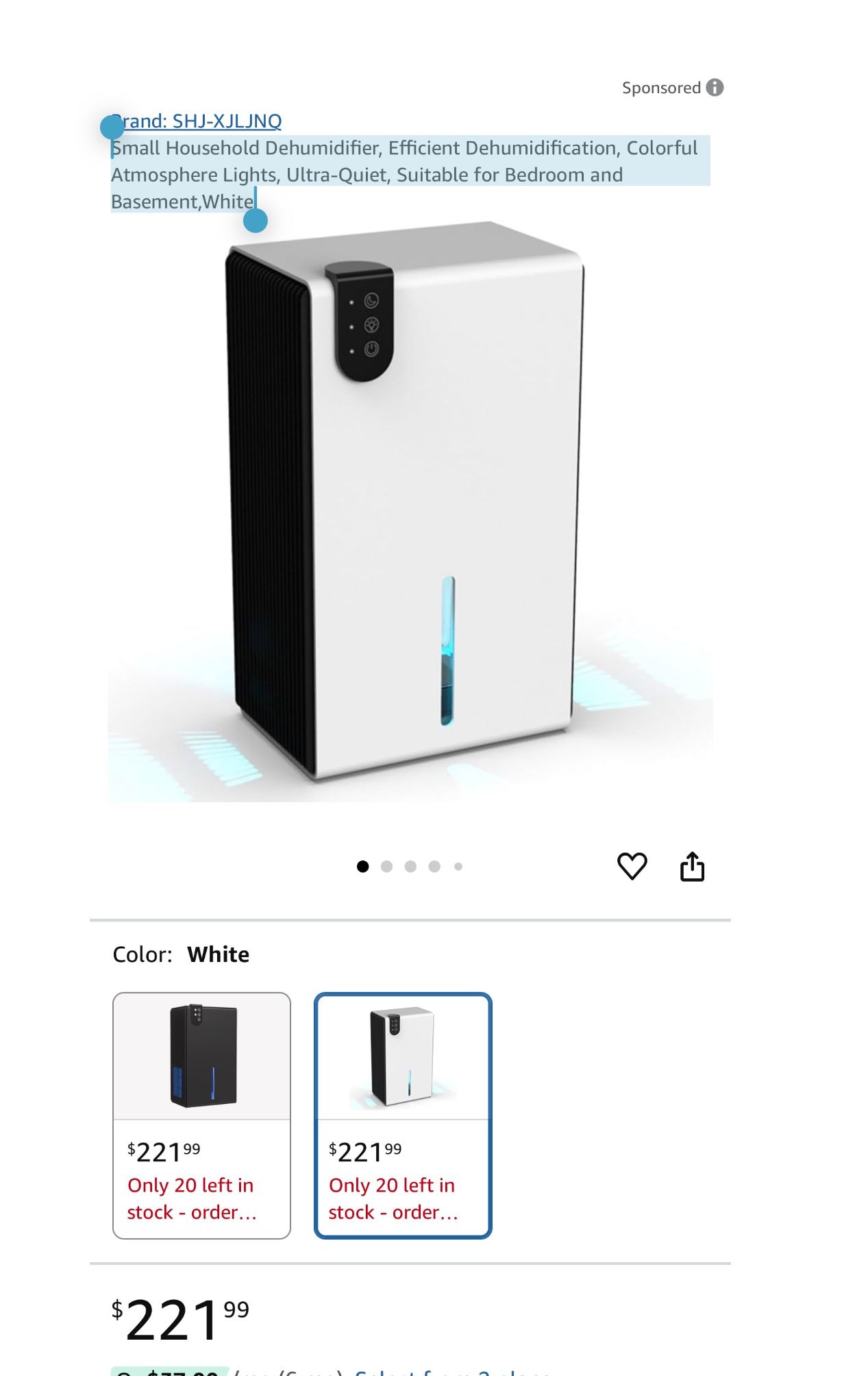 Small Household Dehumidifier, Efficient Dehumidification, Colorful Atmosphere Lights, Ultra-Quiet, Suitable for Bedroom and Basement,White