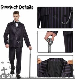 8PCS Halloween Cosplay Costume Set - 1920s Black & White Striped Style Tie, Cane, Detachable Collar & Mustache