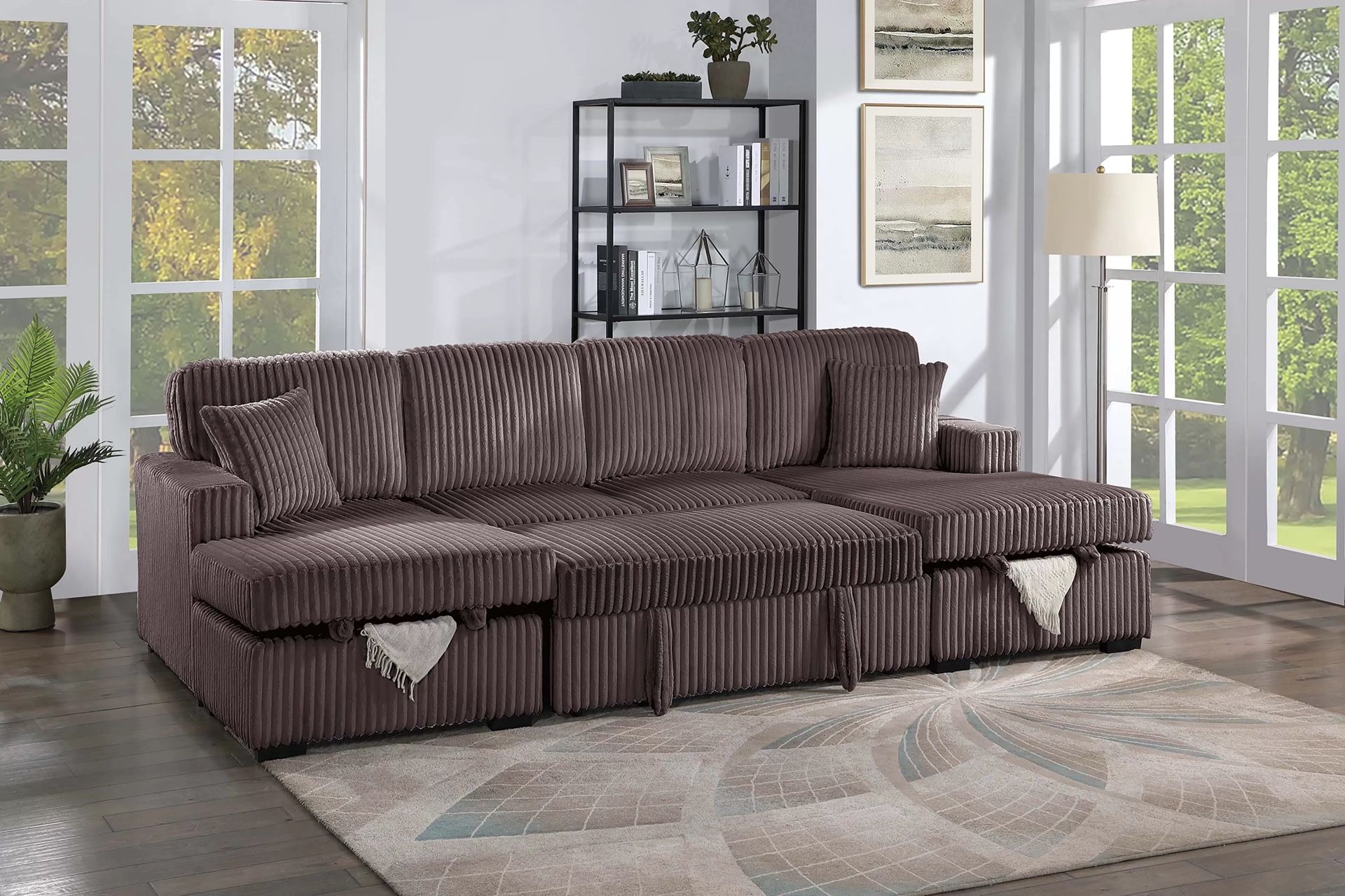 Brown Sofa Sectional w/ Pull- Out Sleeper & Double Chaise Storage 
