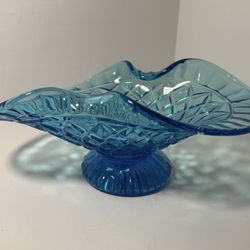 Vintage MCM Indiana Art Glass Blue Diamond Pedestal Dish Folds
