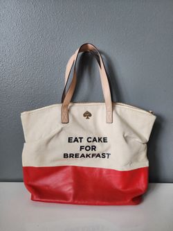 Kate Spade New York Eat Cake For Breakfast Canvas Tote Cream Red Zip Shoulder Bag