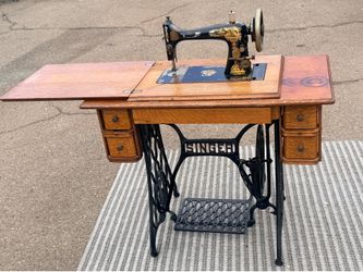 Antique Antique Singer Treadle Sewing Machine w/ Oak Cabinet & Accessories