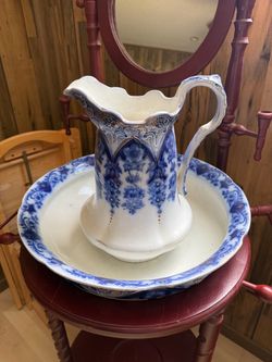 Antique Victorian Flow Blue Pitcher & Wash Basin Set - English Porcelain - with Reproduction Stand & Mirror