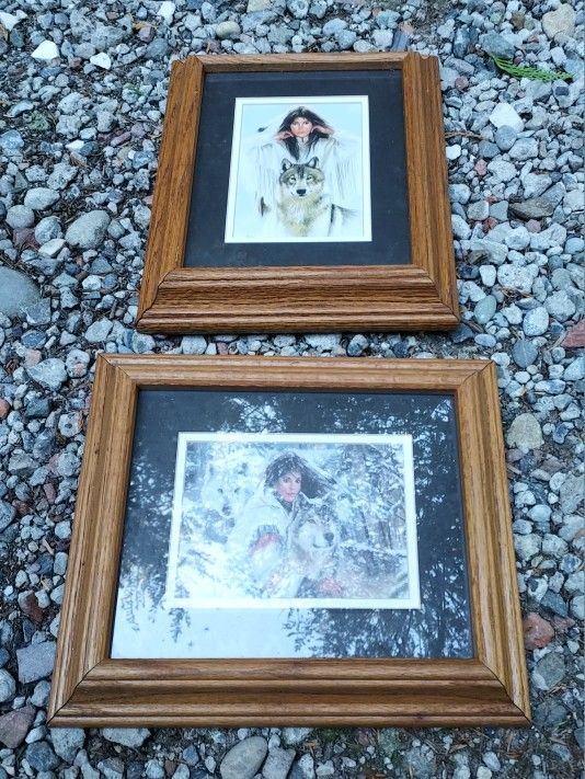 Pair Vintage Native American Wolf Prints Oak Frames