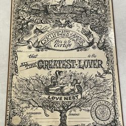 Early 1900s Wood decorative 'Certificate Amour' for the greatest lover. 14”x 10”