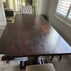 Dark Wood Trestle Dining Table, Bench Set, and 5 chairs