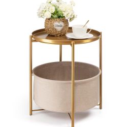 Round side Table With Fabric Storage Basket 