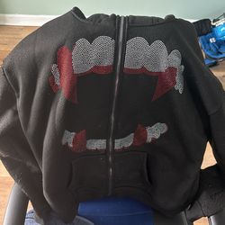 Rhinestone Zip Up Ghost Face Vampire Teeth Hoodi