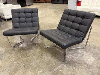 MODERN LINE FURNITURE Modern Pebbled Black Button Tufted Leather Accent Chair with Chrome Base (Set of 2)