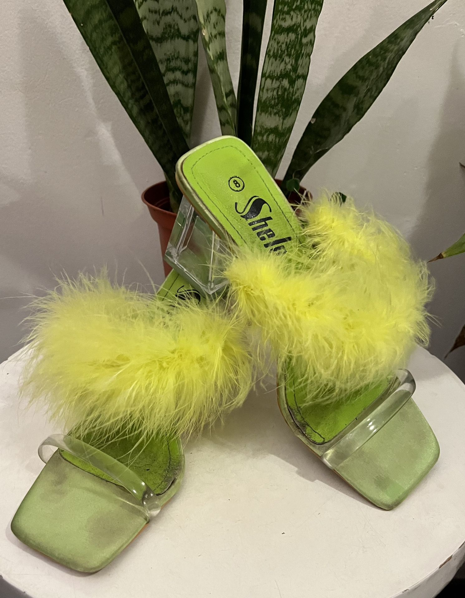 SHEIN Chartreuse Marabou Feather Heels 