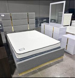 Gray Upholstered Platform Bed Frame with Gold Accents- finance available $39 down