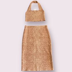 Express Orange Snakeskin Print Pencil Bodycon Skirt And Cropped Halter Top Set