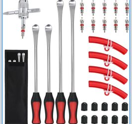 30Pcs Tire Spoons Kit (2x14.5 + 2x11.8), 4 Rim Protectors, 4-Way Valve Tool, 10 Valve Cores & Caps, Storage Pouch for Motorcycle Dirt Bike Lawn Mower 