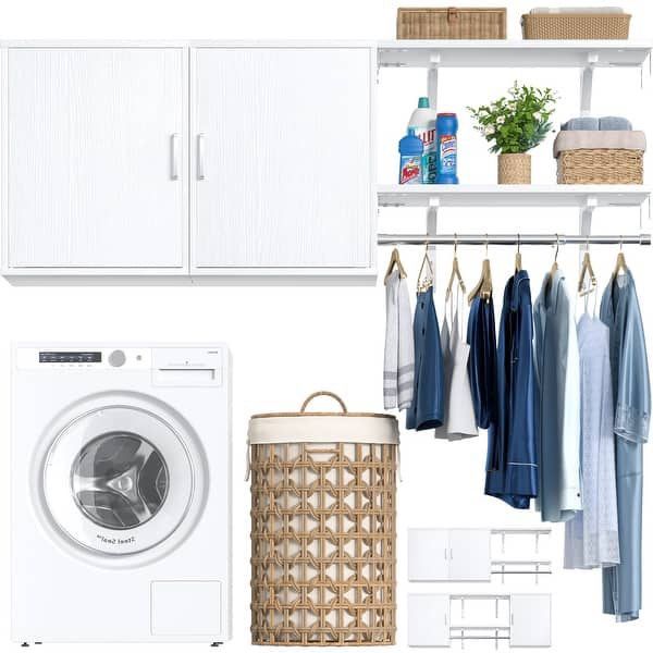 Modern white 65''W Laundry Cabinet with 2 Doors & Shelves, Reversible Build in Medicine Cabinet with Shelf Towers, Small Storage Cabinet for