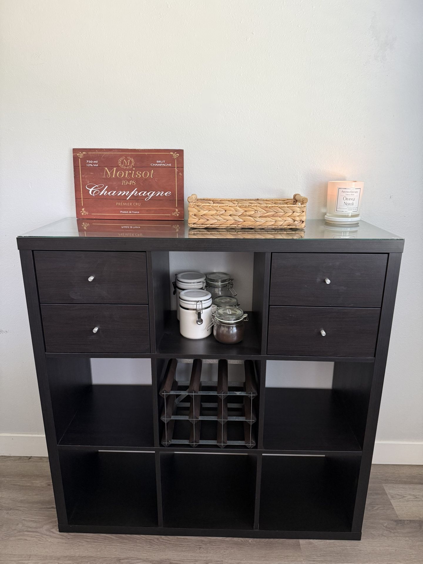 DIY BAR CART SET UP IKEA KALLAX 9 CUBE WITH CUSTOM GLASS TOP FLOATING SELF