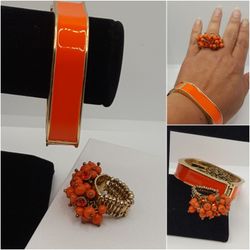 Antique Statement Set, Bracelet & Stretch Ring, Lovely Hot Orange and gold, Pretty Vintage Set.
