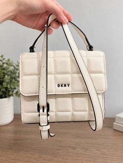 DKNY Ivory Quilted Top Handle Crossbody Bag Black Chain Strap Women's