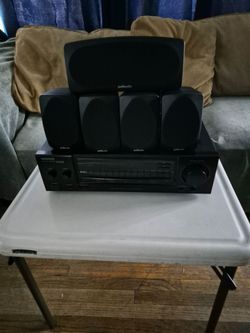 POLK AUDIO RM600BD BLACK SATELLITE  4 SURROND AND 1 CENTER SPEAKER AND VINTAGE KENWOOD KR-A 5060 AM/FM STEREO RECEIVER 100 WATTS FOR CHANEL