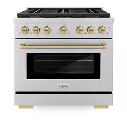 Zline Autograph Edition 36 in. 6-Burner Freestanding Gas Range and Convection Oven in Stainless Steel and Champagne Bronze