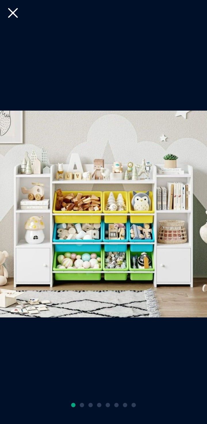 Kids Bookcase with 9 Bins, White Toy Cubby Storage Organizer Bookshelf with 2 Door for Kids Room Playroom Organization The 37.12'' height
