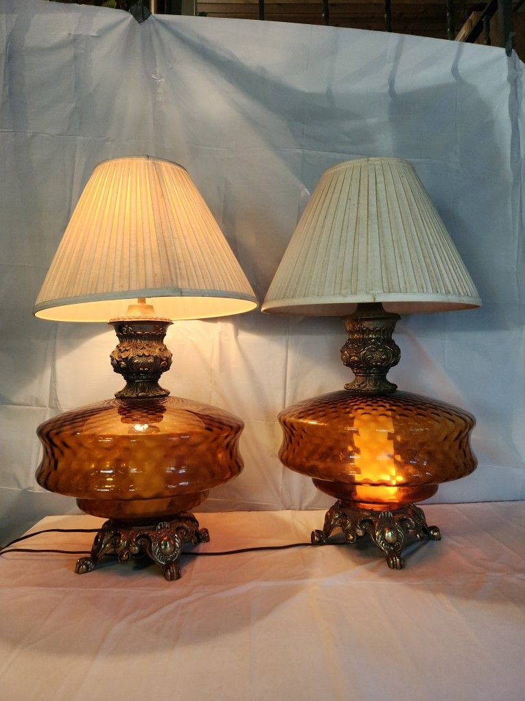 Pair of Vintage Amber Glass Lamps