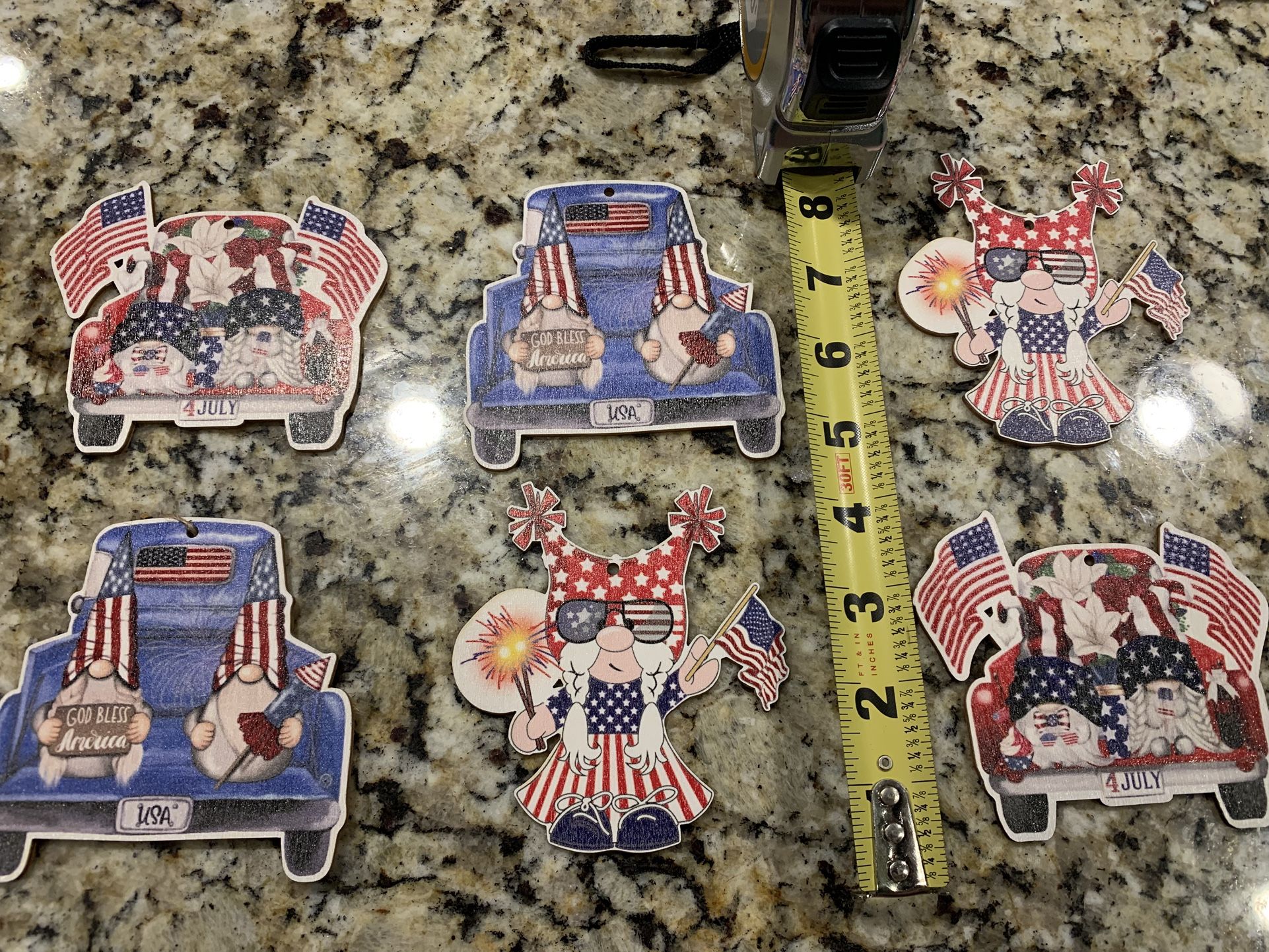 6 Pc Gnomes Wood Patriotic Hanging Decorations With Male/ Female & Truck Designs, Or Just Place Them On A Table Or Shelf