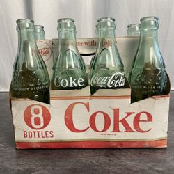 Vintage Antique Coke Coca Cola 1940’s-1950’s Soda Pop 8 Green Glass Bottles Cart (Rare Collectors Items!)