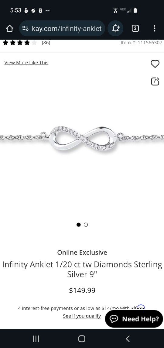 Kay Jewelers Diamond Sterling Silver Infinity Anklet New In Box 